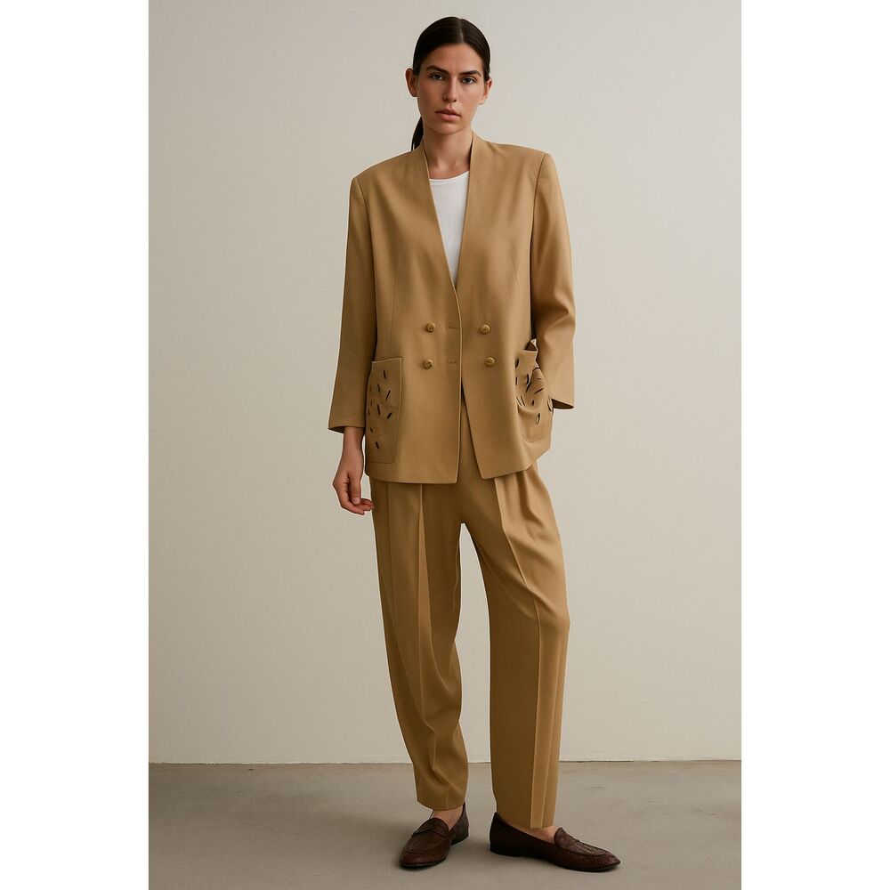 Emmanuelle Khanh Paris Double Button Blazer with Pleated Pants in Warm Tan 42